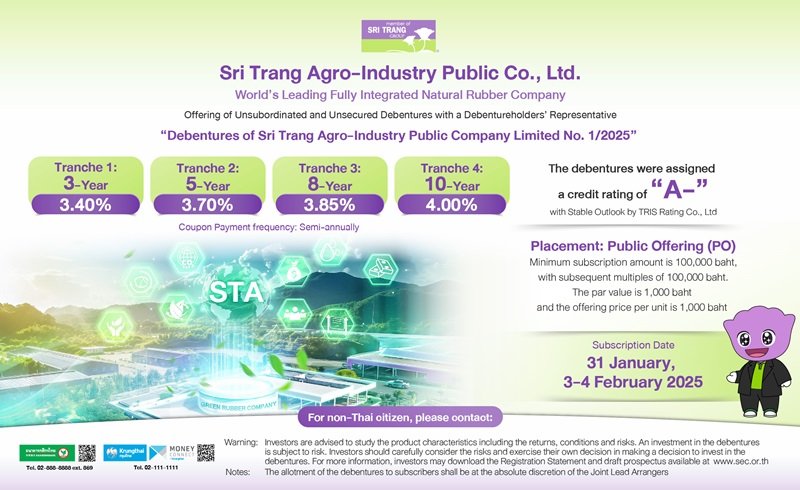 STA is ready to offer bonds with maturities of 3 to 10 years with an interest rate of 3.40-4.00%. This represents an excellent opportunity for retail investors to access A- rated bonds with a 'stable' outlook. Subscriptions are open through Krungthai Bank and KASIKORNBANK from January 31 and February 3-4, 2025.
